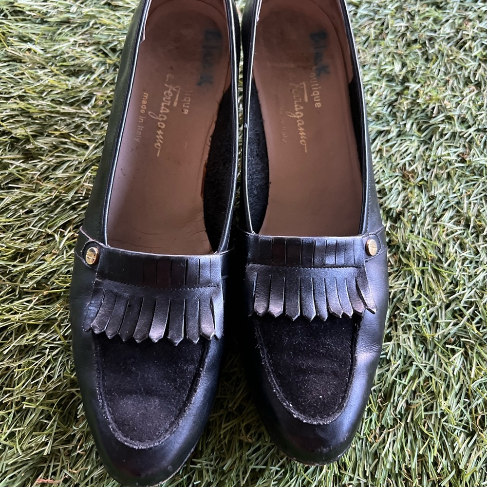 Ferragamo Black Leather Loafers with Fringe Detail